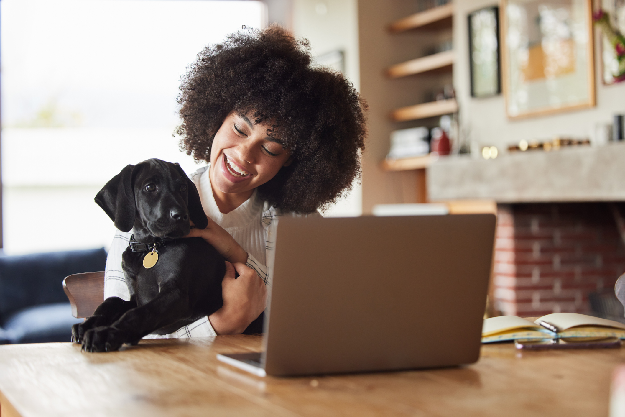 Girl smiling while holding black labrador puppy during virtual vet visit on her laptop